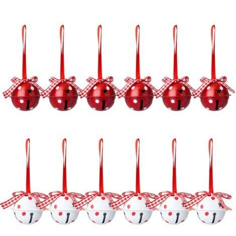 Ensemble de 12 cloches de Noël et grelots, décorations d'arbre de Noël, motif à pois, ornements pendentifs de grelots rouges et blancs
