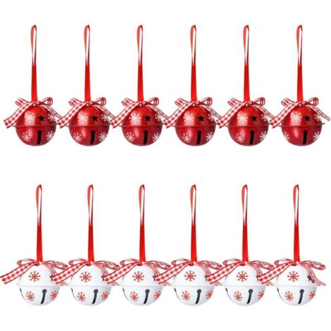 Ensemble de 12 cloches de Noël et grelots, décorations d'arbre de Noël, motif flocon de neige, ornements pendentifs de clochette rouge et blanc