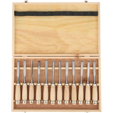 Ensemble de 12 outils de sculpture sur bois (couteaux à graver, ciseaux à bois) avec boîte.