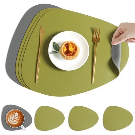 Ensemble de 12 pièces - 6 sets de table et 6 sous-verres - Sets de table - Lavables - Cuir - Vert et gris - Design réversible - Antidérapants et imperméables - Résistants à la chaleur - Sets de table 