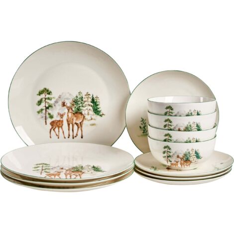 BELIANI Ensemble de 12 Pièces de Vaisselle en Porcelaine Fait Main Finition Émaillée Réactive Motif Renne de Noël Blanche Chili