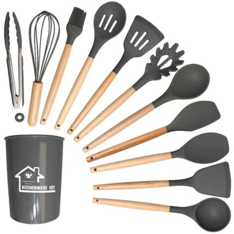 Ensemble de 12 pièces d'ustensiles de cuisine en silicone - Gris foncé gratte-ciel-outils de cuisine ménagers