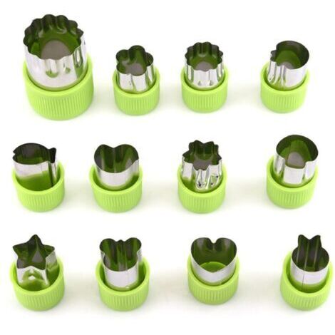 Ensemble de 12 Pièces en Acier Inoxydable pour Découpe de Légumes et Fruits, Moules de Cuisine, Presse à Biscuits et Outils pour Pâtes, Accessoires de Cuisson et Pâtisserie – Vert, 12 Pièces