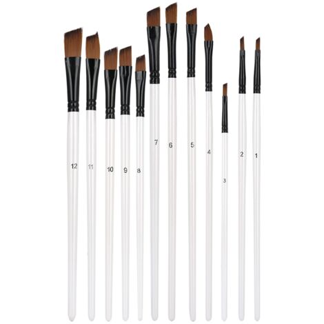 Ensemble de 12 Pinceaux à Cheveux en Nylon, Manche en Bois Blanc Nacré, Style Varié pour Peinture à l'Huile et Acrylique, Tête Oblique