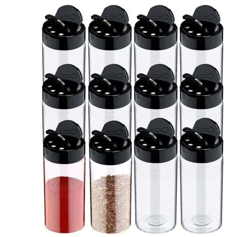 Ensemble de 12 pots à épices transparents en plastique avec couvercles, idéaux pour conserver les épices en poudre dans la cuisine.