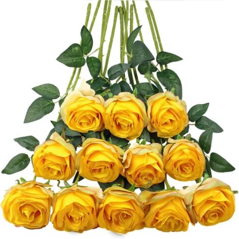 Ensemble de 12 roses artificielles, fleurs décoratives en soie avec