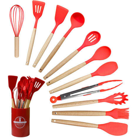 Ensemble de 12 ustensiles de cuisine en silicone, comprenant des cuillères de cuisson antiadhésives et des outils de pâtisserie.