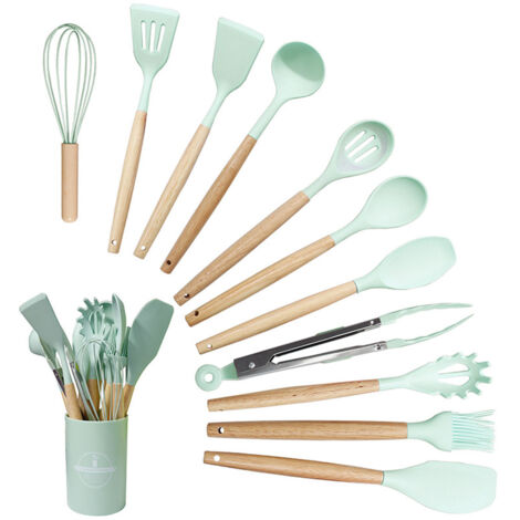 Ensemble de 12 ustensiles de cuisine en silicone, comprenant des cuillères de cuisson antiadhésives et des outils de pâtisserie.