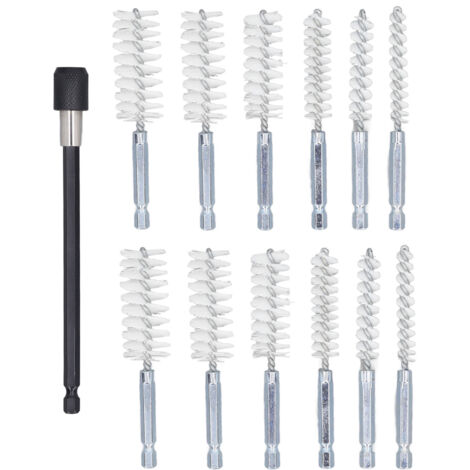 Ensemble de 13 brosses de forage en nylon (blanc) - Diamètres 8mm à 19mm, tige 1/4" et rallonge 15cm pour nettoyage de trous