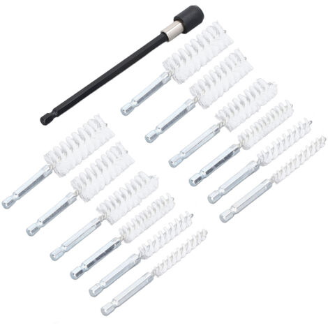 Ensemble de 13 brosses de perçage en nylon blanc - Diamètres 8 à 19 mm, tige 1/4" avec rallonge 15 cm pour nettoyage de trous