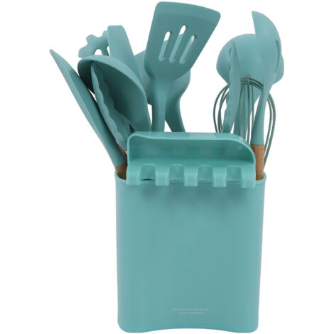 Ensemble de 13 ustensiles de cuisine en silicone avec manche en bois, antiadhésif, vert foncé, rangement inclus