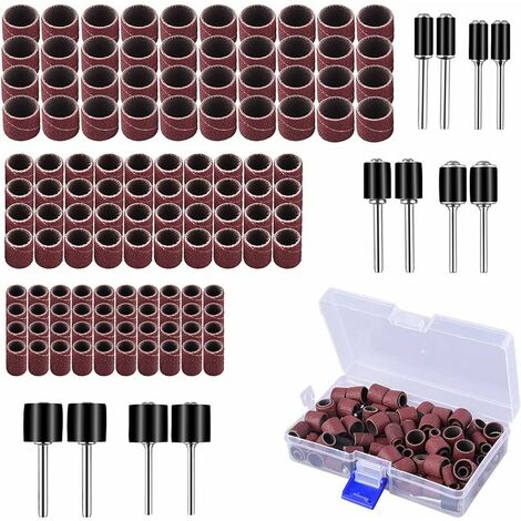 Ensemble de 132 manchons de ponçage avec boîte gratuite comprenant 120 bandes de ponçage et 12 rouleaux de ponçage pour outil rotatif Dremel