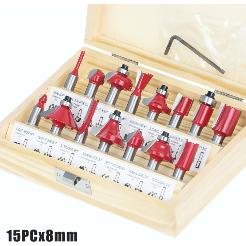 Ensemble de 15 fraises professionnelles pour le travail du bois, avec des fraises carbure, embouts d'outils de menuiserie, arbre de 8 mm, comprenant