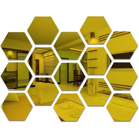 Ensemble de 15 miroirs muraux hexagonaux dorés en acrylique - Carreaux de miroir autocollants de 9 cm pour la décoration de la chambre et du salon