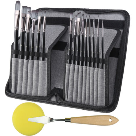 Ensemble de 15 pinceaux pour peinture à l'huile acrylique Gouache à l'aquarelle avec étui de transport pop-up avec couteau à palette et 2 éponges - Noir