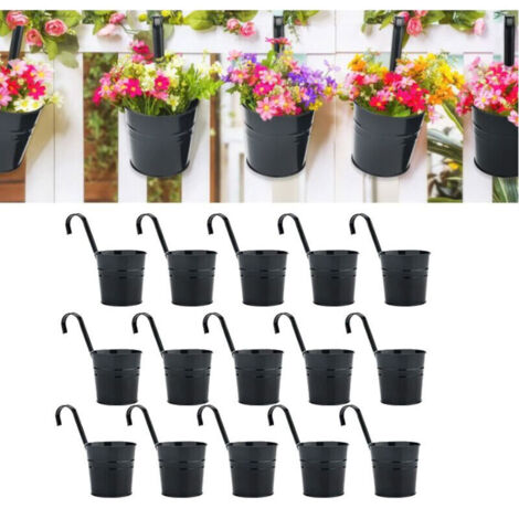 Ensemble de 15 pots suspendus en métal pour clôtures et balcons, crochets amovibles, noir