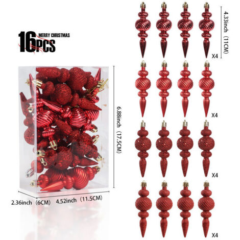 Ensemble de 16 boules de Noël - Décoration classique pour sapin - Boules de Noël - Décorations de Noël - Incassables - Rouges