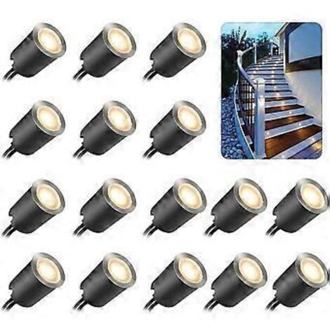 Ensemble de 16 spots LED encastrés d'extérieur, étanches IP67, 32 mm, pour terrasse en bois, piscine, jardin, escaliers et terrasse en bois (avec