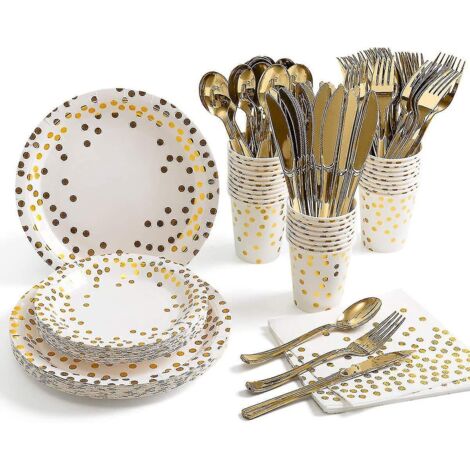 Ensemble de 175 pièces de vaisselle jetable dorée pour 25 personnes : assiettes, serviettes et gobelets en papier à pois dorés, idéal pour mariage, enterrement de vie de jeune fille, naissance, etc. –