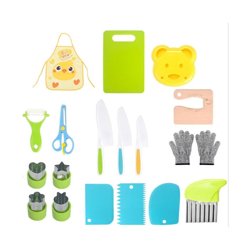 Ensemble de 19 couteaux de cuisine pour enfants, ensemble de couteaux de sécurité pour couper des fruits ou des légumes, couteaux dentelés, planches