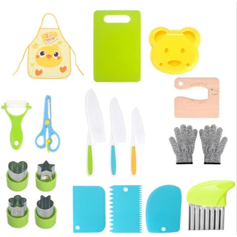 COOCHEER Ensemble de 19 couteaux de cuisine pour enfants, ensemble de couteaux de sécurité pour couper des fruits ou des légumes, couteaux dentelés, planches à découper et autres accessoires de cuisine