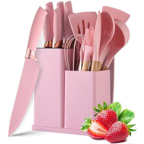 Ensemble de 19 ustensiles de cuisine avec poignées en bois et silicone Batterie de cuisine résistante à la chaleur avec boîte de rangement, Rose