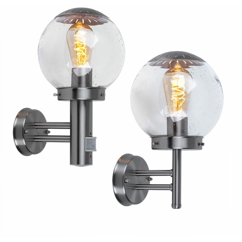 Lot de 2 luminaires extérieurs, détecteurs de mouvement, façades, spots muraux, lampes boule de verre, inox IP44