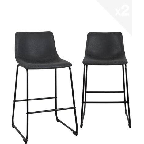 Ensemble de 2 chaises de bar industrielles, hauteur d'assise 65 cm avec dossier, revêtement en similicuir effet vintage, pieds en métal noir Helio 64 (noir gris)