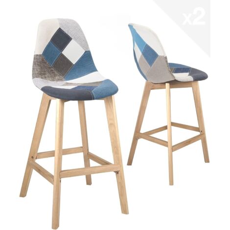 Ensemble de 2 chaises de bar patchwork, hauteur d'assise 67 cm, style scandinave, assise large et confortable à dossier haut, revêtement en tissu, pieds en hêtre clair brillant (bleu)