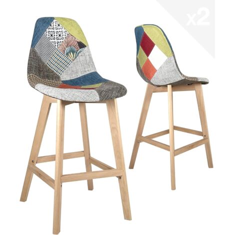 Ensemble de 2 chaises de bar patchwork, hauteur d'assise 67 cm, style scandinave, assise large et confortable à dossier haut, revêtement en tissu, pieds en hêtre clair brillant (bleu)