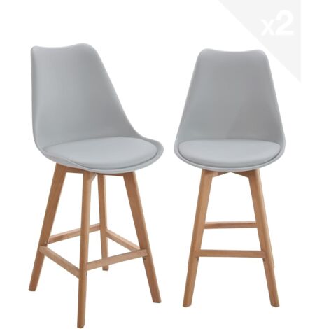 Ensemble de 2 chaises de bar scandinaves, assise large et confortable avec coussin intégré en similicuir, hauteur d'assise 70 cm, pieds en bois de hêtre Tika (blanc)