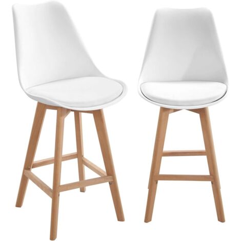 Ensemble de 2 chaises de bar scandinaves, assise large et confortable avec coussin intégré en similicuir, hauteur d'assise 70 cm, pieds en bois de hêtre Tika (blanc)