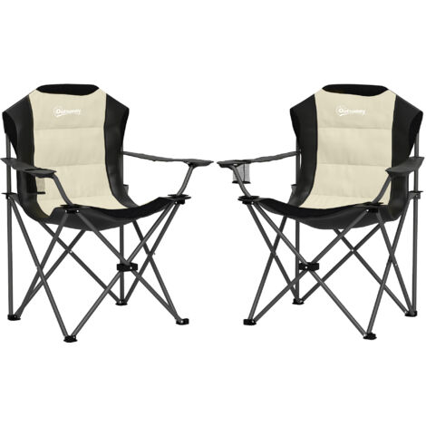 Ensemble de 2 chaises de camping pliantes rembourrées avec porte-gobelets à dossier haut et sacs de transport crème et noir