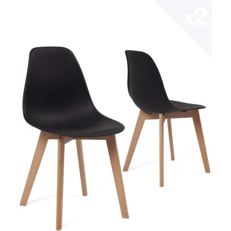 Ensemble de 2 chaises de cuisine au design scandinave, assise en plastique noir souple, légères, durables et faciles d'entretien, pieds en hêtre clair NAO (noir)