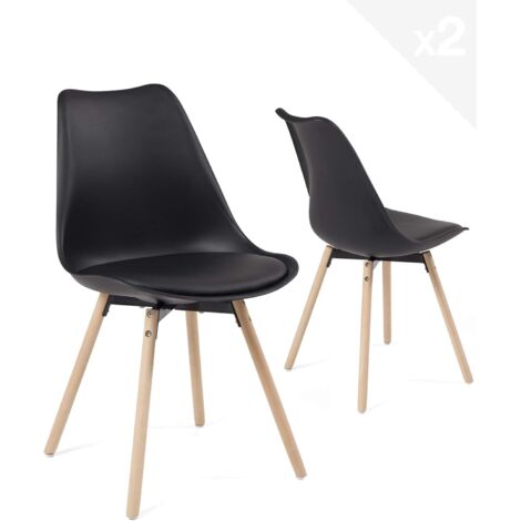 Ensemble de 2 chaises de cuisine au design scandinave, assise en plastique souple noir avec coussin en similicuir noir, pieds en hêtre rembourrés de mousse, coloris Light MIA (noir).