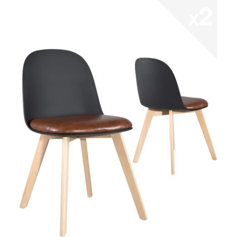 Ensemble de 2 chaises de cuisine scandinaves avec pieds en bois et coussin UFI (noir et marron)