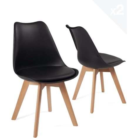 Ensemble de 2 chaises de design scandinave pour cuisine, salle à manger ou chambre - Assise large en plastique souple - Assise avec coussin rembourré en similicuir - Pieds en hêtre clair du Laos (blan