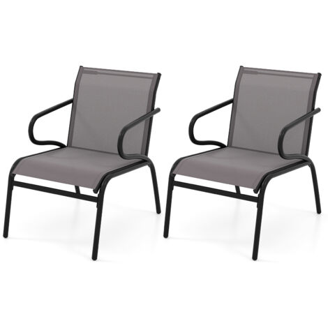 Ensemble de 2 Chaises de Patio, Chaises de Salle à Manger d'Extérieur avec Tissu Respirant, Structure en Métal, Accoudoirs pour Piscine, Jardin, Gris