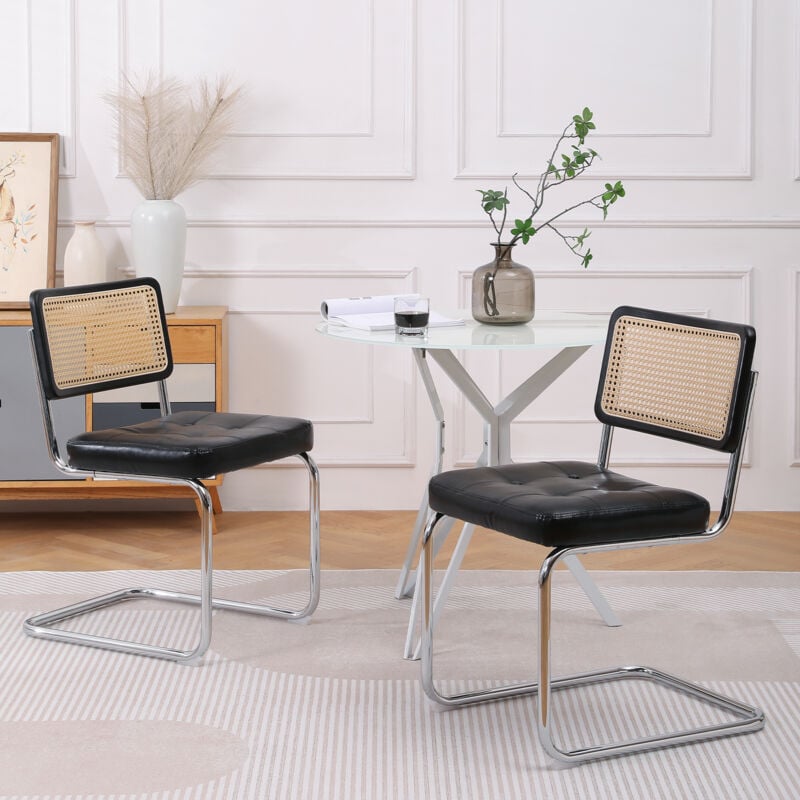 Okwish - Lot de 2 chaises de salle à manger en rotin, chaises d'appoint rembourrées en simili cuir capitonné, chaises en osier sans accoudoirs avec