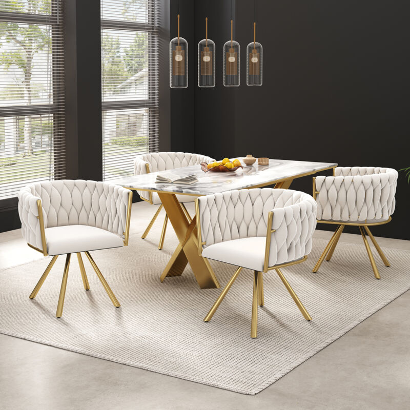 Okwish - Lot de 4 chaises de salle à manger, chaise pivotante avec 4 pieds en métal, pour salon et chambre, en velours, beige et doré
