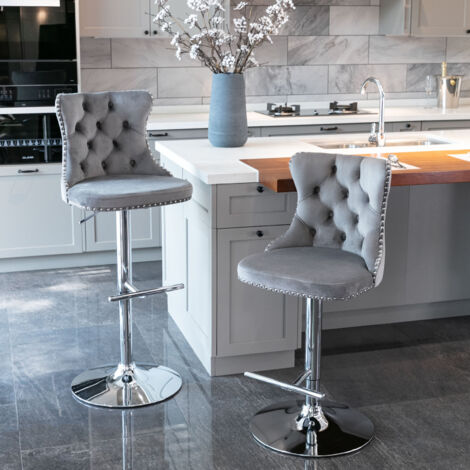 Ensemble de 2 chaises de salle à manger tabourets de bar pivotants avec piètement et dossier chromés velours gris confortable