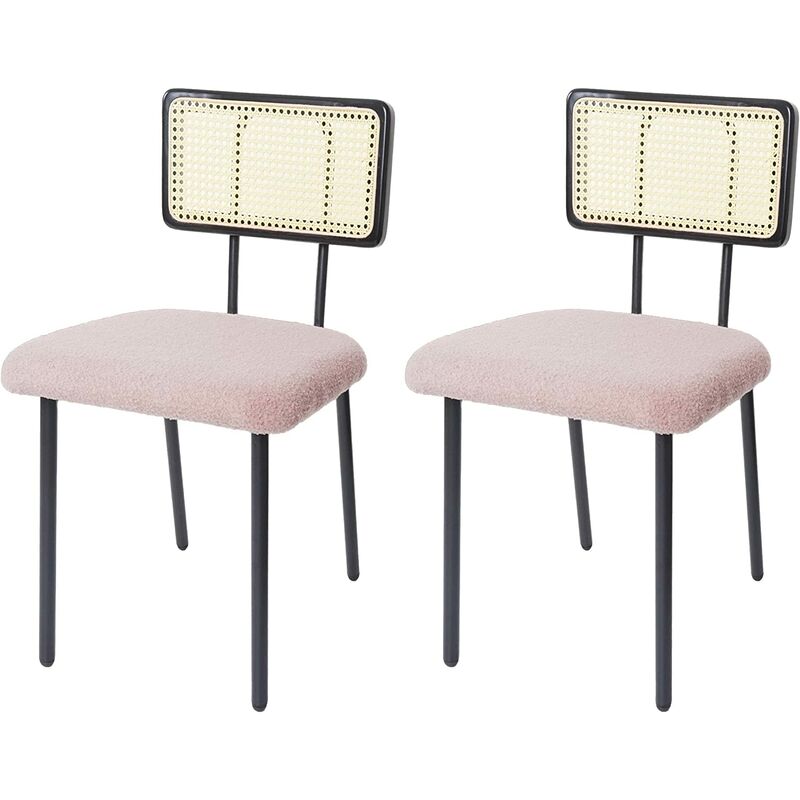 décoshop26 - ensemble de 2 chaises de salle à manger cuisine en métal poly-rotin bois et tissu/textile rose bouclé