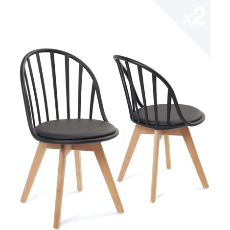 Ensemble de 2 chaises de style bistro scandinave pour cuisine, salle à manger ou chambre, avec coussin rembourré en similicuir et pieds en hêtre clair (noir).