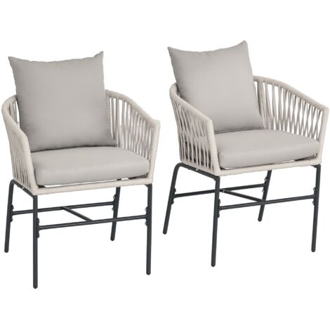 Ensemble de 2 chaises de terrasse, style bohème, coque d'assise confortable, coussins d'assise, housse lavable, structure en métal, beige