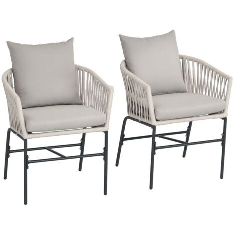 Ensemble de 2 chaises de terrasse, style bohème, coque d'assise confortable, coussins d'assise, housse lavable, structure en métal, beige