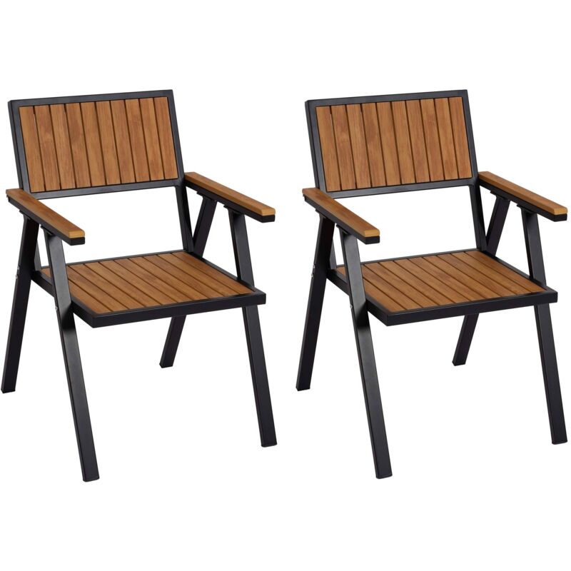 Lot de 2 chaises de jardin HWC-J95 - chaise de balcon aluminium aspect bois - structure noire - teak