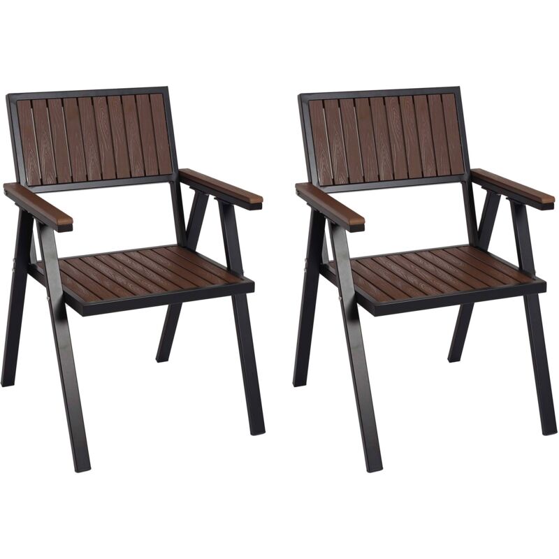 Lot de 2 chaises de jardin HWC-J95 - revêtement extérieur - aluminium aspect bois - châssis noir - marron foncé