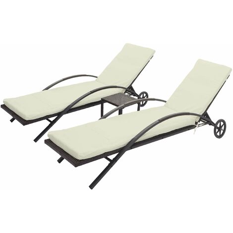 Ensemble de 2 chaises longues bain de soleil transat de jardin avec petite table polyrotin marron coussins beige crème 040002974