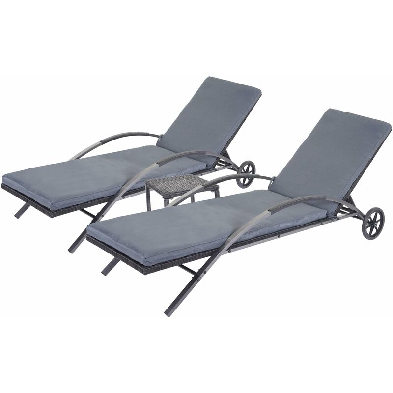 Ensemble de 2 chaises longues de jardin transat bain de soleil avec petite table en polyrotin noir coussin gris foncé 040002962