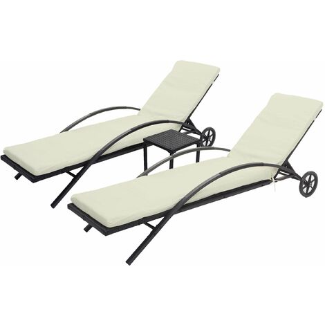 Ensemble de 2 chaises longues de jardin transat bain de soleil avec petite table en polyrotin noir coussins beige 040002961